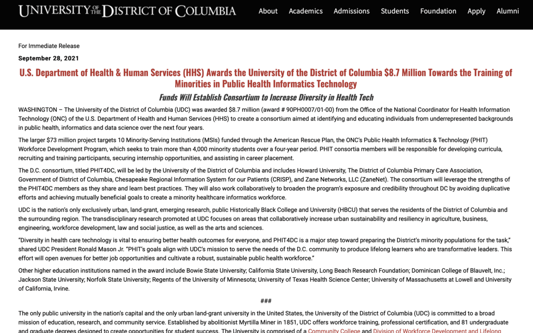 The University of the District of Columbia PHIT4DC Press Release